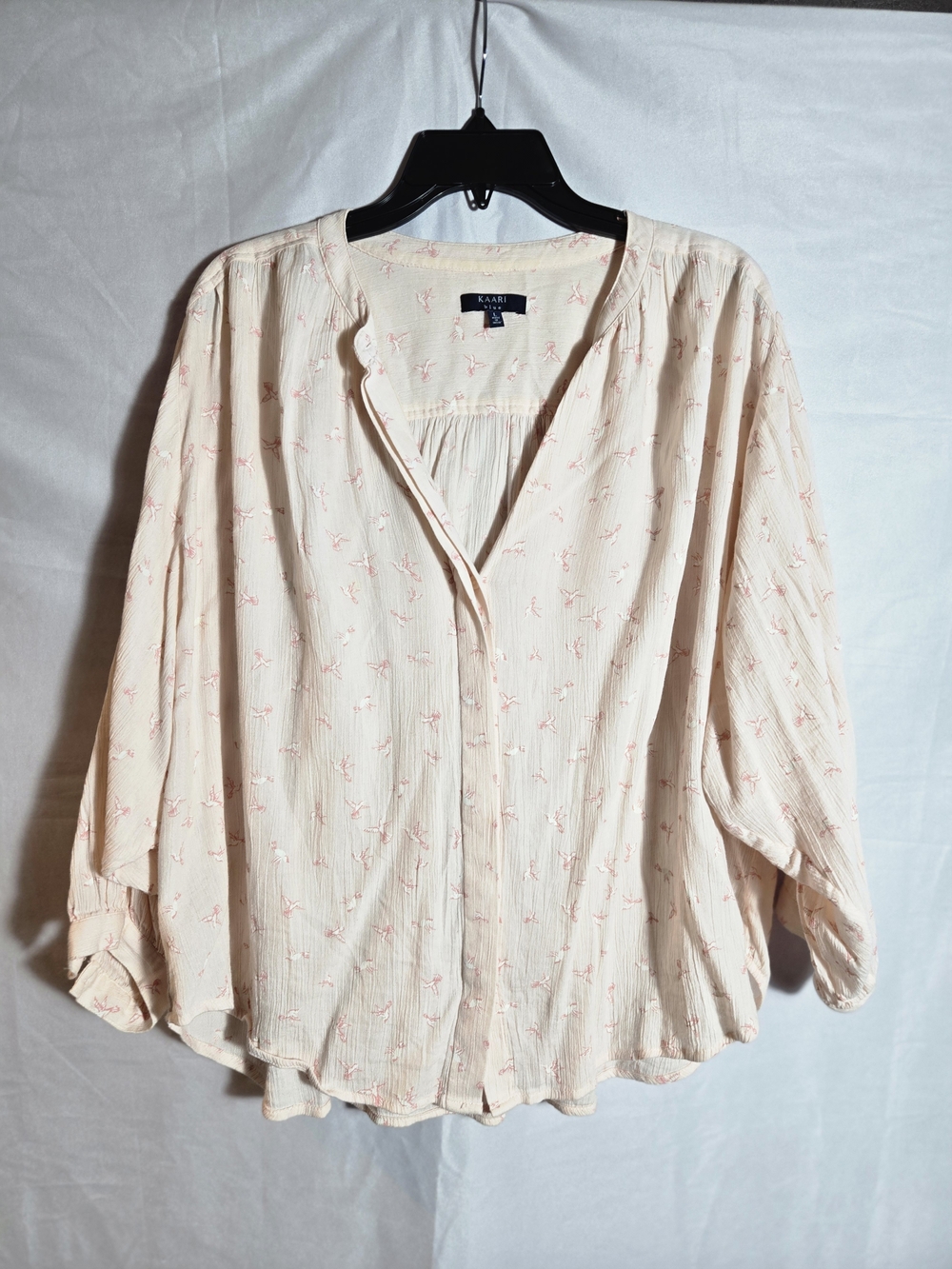 Light Pink Bird Print Button-Front Peasant Top Womens Blouse Flowy